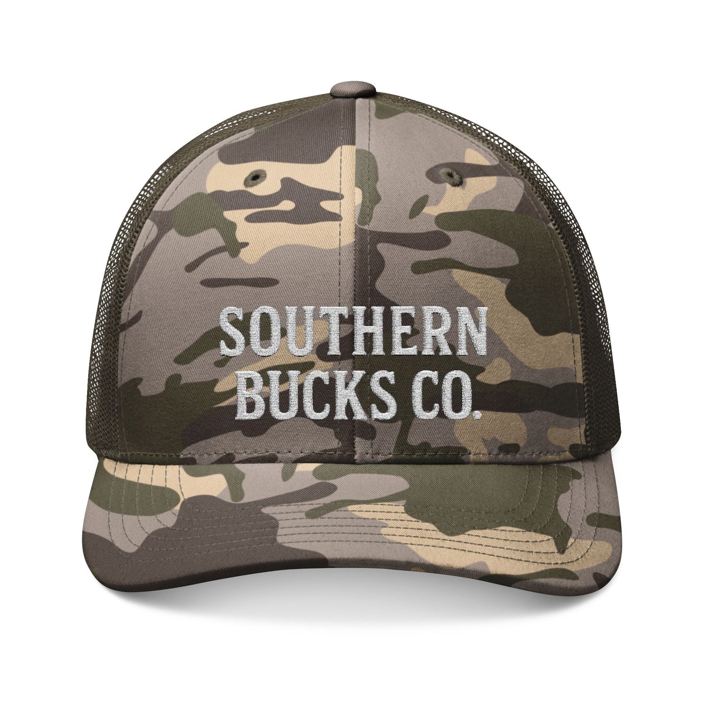 Stylish Camouflage Trucker Hat with Embroidered Southern Bucks Co, Outdoor Cap, Unique Gift for Hunters, Outdoor Enthusiasts, Men's Fashion