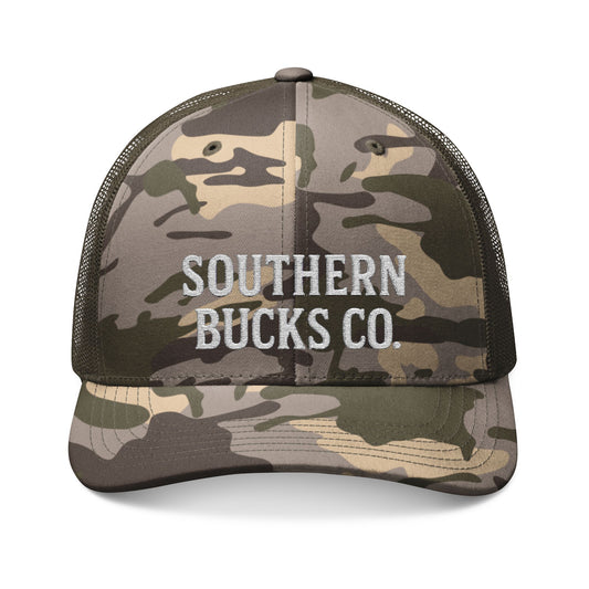 Stylish Camouflage Trucker Hat with Embroidered Southern Bucks Co, Outdoor Cap, Unique Gift for Hunters, Outdoor Enthusiasts, Men's Fashion